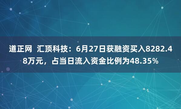 道正网  汇顶科技：6月27日获融资买入8282.48万元，占当日流入资金比例为48.35%